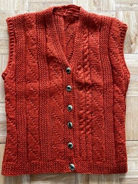 Burnt Orange Hand Knit Cableknit Women’s Button Front Vest Small Cozy Academia